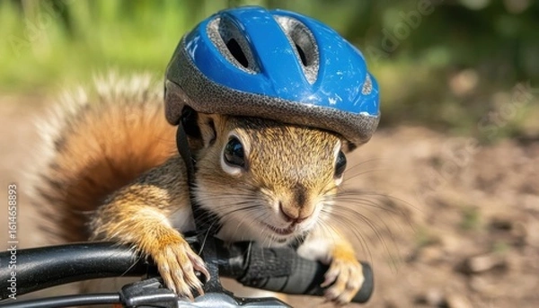 Fototapeta Mini technology adventure kids and a squirrel creature riding bikes in nature captivating fun and imagination