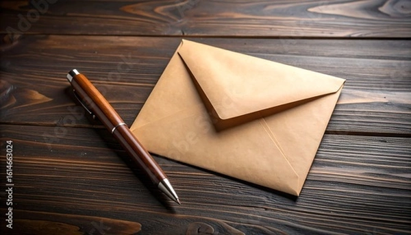 Fototapeta A kraft envelope and pen rest on a dark wood surface