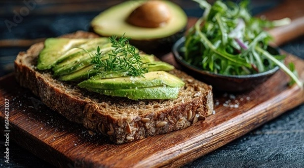 Obraz Sliced avocado on dark bread with side salad
