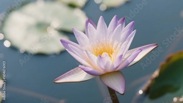 Fototapeta A delicate purple water lily blooms gracefully on a serene pond surface.
