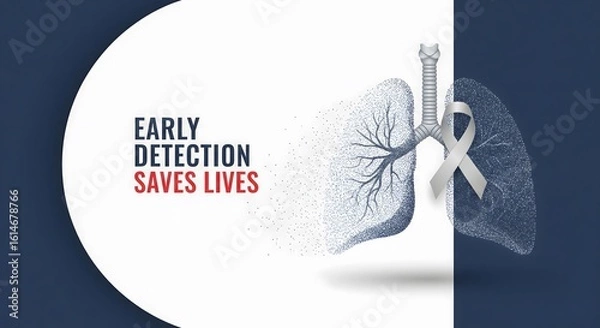 Fototapeta A medical banner for lung cancer awareness month with particle art lungs and a white ribbon promoting the message that early detection saves lives