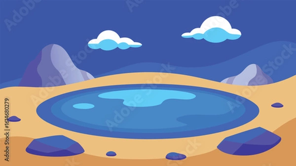 Fototapeta Stylized desert oasis with a clear blue pool and rocky landscape under a bright sky