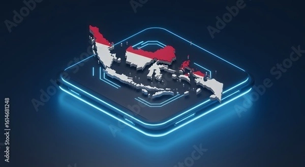 Obraz A 3D map of Indonesia, colored with its national flag, on a futuristic glowing platform.