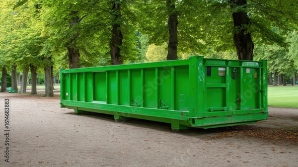Fototapeta A large green dumpster sits on a path in a lush public park shaded by tall trees under clear blue skies. It is a bright, sunny day ideal for outdoor activities.