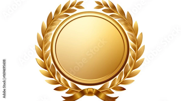 Fototapeta Golden Medal with Blank Center and Laurel Wreath on White Background – Award Recognition and Achievement Concept

