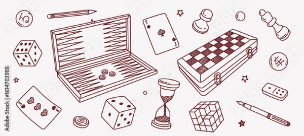 Fototapeta set of hand-drawn board games. sketch doodle of chess, checkers, go, dominoes, playing cards, scrabble, backgammon isolated on background.