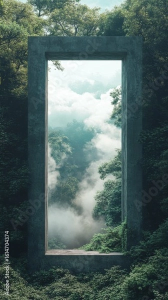 Fototapeta Concrete Frame Amidst Lush Forest with Ethereal Clouds