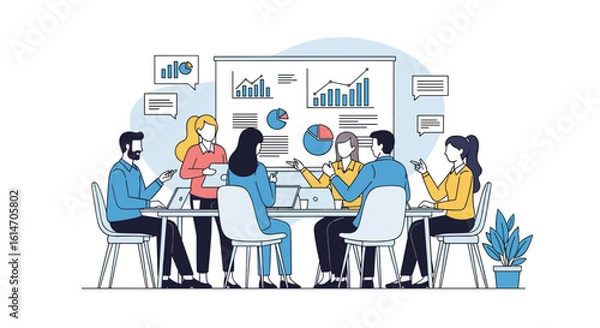 Fototapeta Diverse team of professionals collaborates around a table discussing financial reports and charts in a modern office setting fostering teamwork and strategic planning for business growth