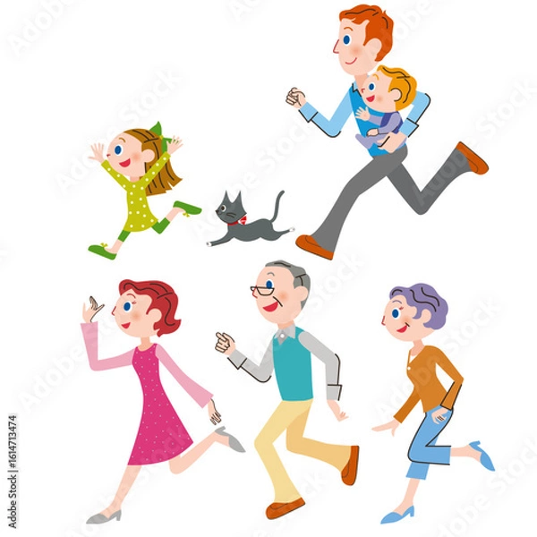 Obraz 元気に走る三世代家族のイラスト