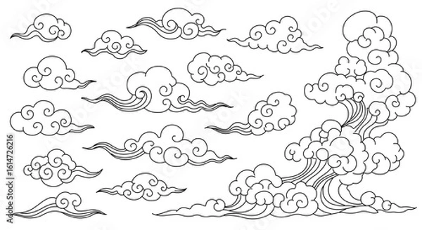 Fototapeta Chinese cloud vector elements set. Linear clip art oriental Japanese, Thai, Tibetan, Korean style clouds. Editable stroke. Vector illustration