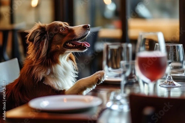 Fototapeta Funny dog enjoying dinner and dancing at a table in a cozy restaurant, Funny Dog Drinking And Dancing At Dinner Table