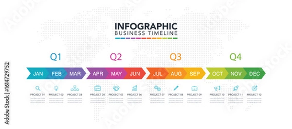 Obraz Infographic template for business months timeline with world map background