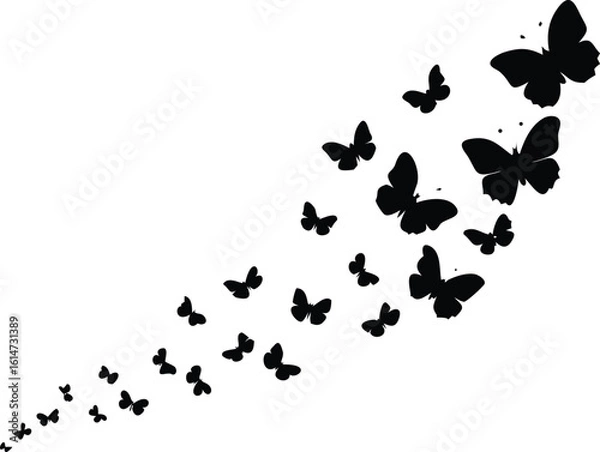 Fototapeta Black Butterfly Silhouette Swarm on White Background, Flying in a Diagonal Path