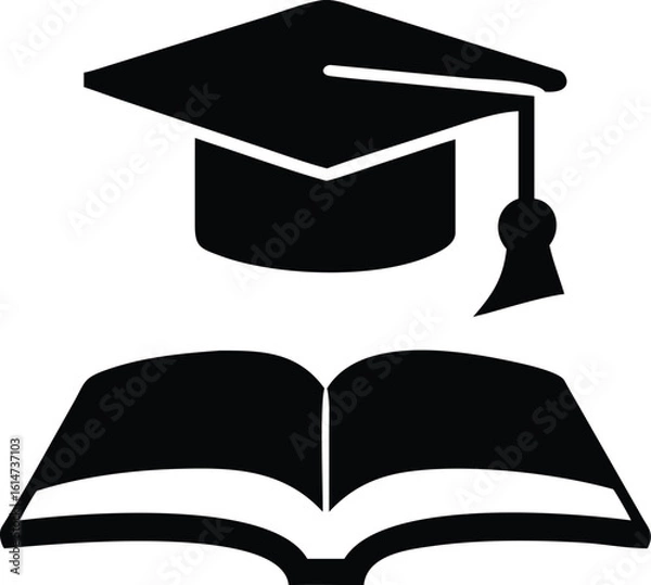 Fototapeta Black Silhouette Illustration of a Graduation Cap Resting Atop an Open Book Design