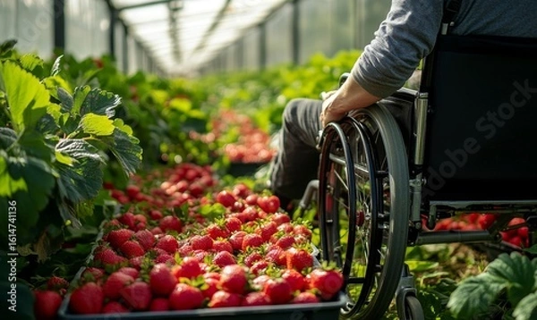 Fototapeta Farm strawberry picking in a glasshouse field by a disabled wheelchair-bound person, highlighting inclusivity in agricultural work, Generative AI