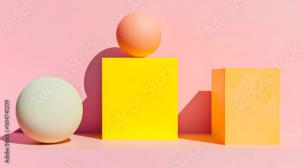Fototapeta Minimalist Geometric Composition with Spheres and Cubes on Pink Background
