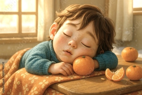 Fototapeta こたつでみかんを食べながら眠る冬の子ども