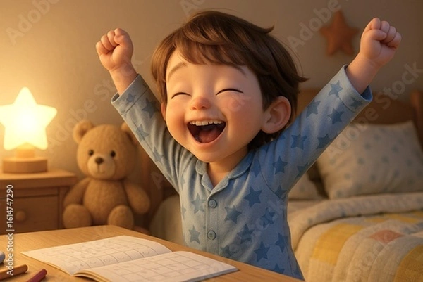 Fototapeta パジャマ姿で宿題を終えて喜ぶ子どもの3Dイラスト