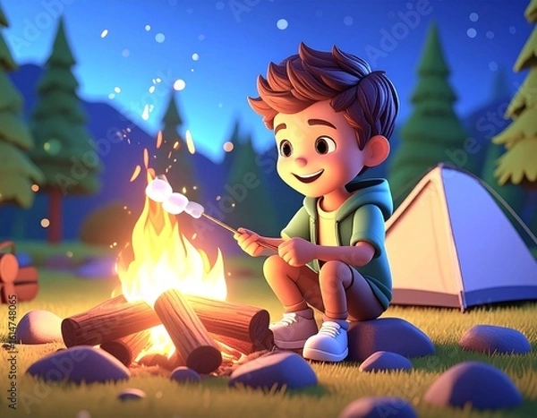 Fototapeta 星空の下でマシュマロを焼く男の子のキャンプの3Dイラスト