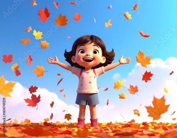 Fototapeta 秋の落ち葉が舞う中で両手を広げる女の子の3Dイラスト