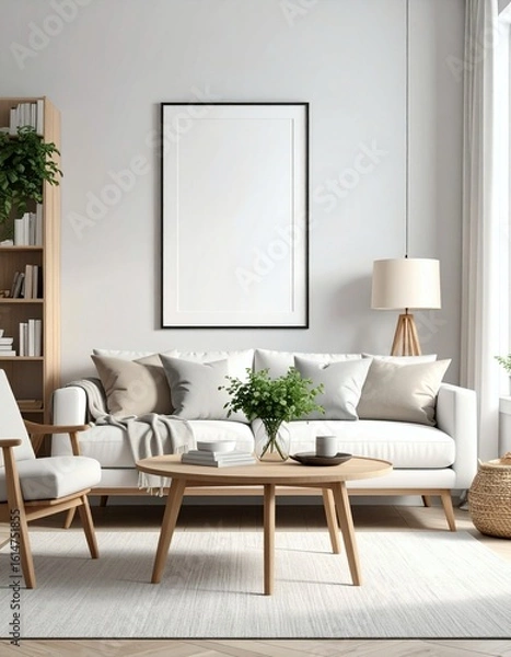 Fototapeta Modern living room with white sofa, plants, and empty frame mockup