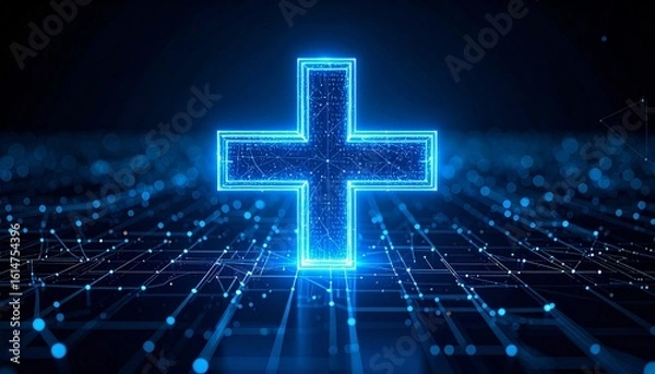 Fototapeta Glowing blue plus symbol composed of pixel-like light particles