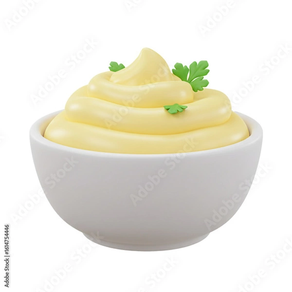 Fototapeta Creamy yellow condiment artfully swirled in a simple bowl garnished with fresh green herbs offering a delightful visual appeal.