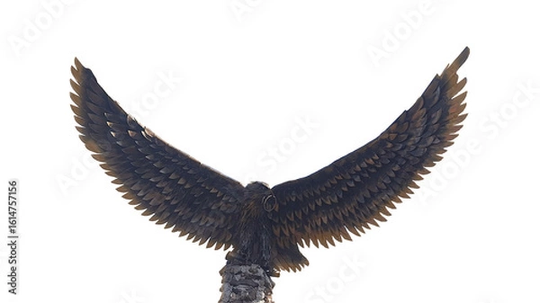 Fototapeta Bronze eagle sculpture with outstretched wings against a clear white sky, symbolizing freedom, a majestic work of art capturing the essence of avian grace and strength,isolated on white background