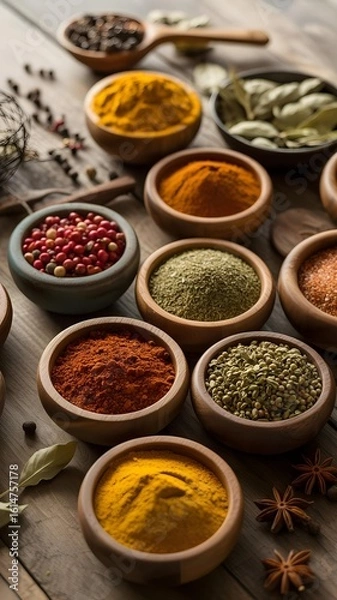 Fototapeta Colorful Variety of Spices in Wooden Bowls on Rustic Table