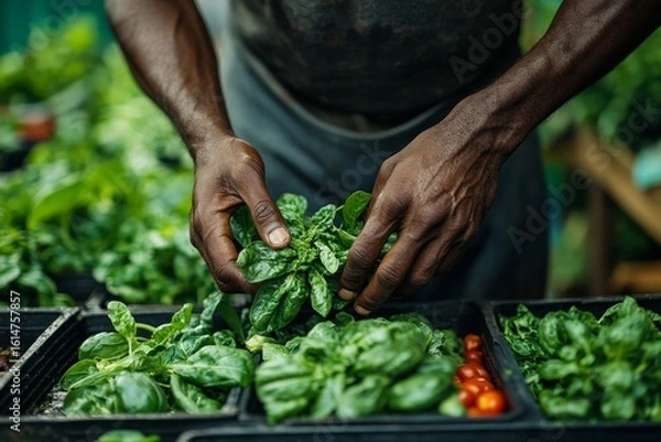 Fototapeta Close-up of a mans hands buying organic vegetables at a local farmers market, symbolizing the importance of sustainable, organic farming and conscious consumer choices, Generative AI