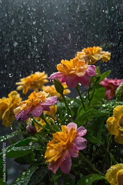 Obraz Monsoon Rainfall Gently Drenching Blooming Flowers