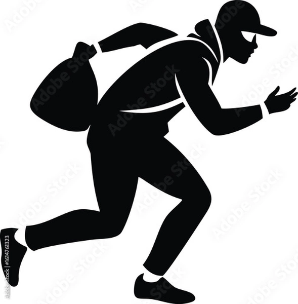 Fototapeta Silhouette of a Burglar Running with Stolen Bag After a Heist
