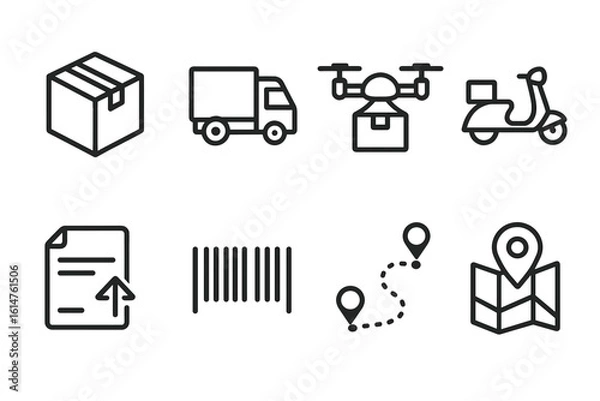 Fototapeta Icons of delivery services: package, truck, drone, scooter, document, barcode, route, map