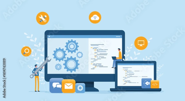 Obraz web design and mobile application design process with designer and developer team working collaboration concept
