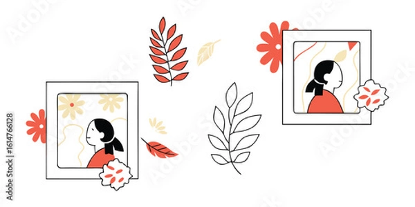 Fototapeta Abstract illustration of two women in profile with floral elements and leaves