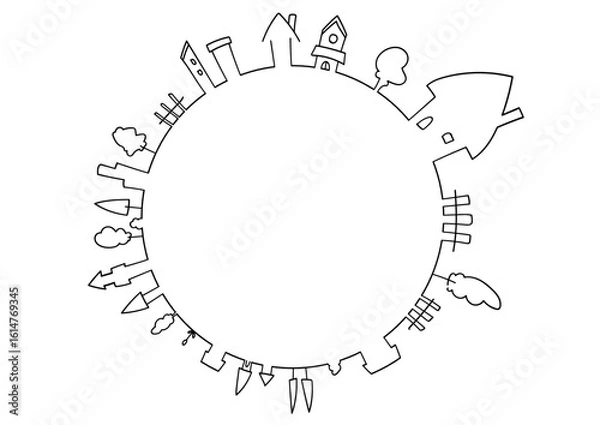 Obraz 街並みの丸フレームイラスト