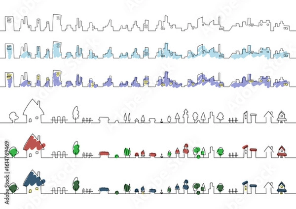 Obraz 線画のシンプルなビ街並み　セット
