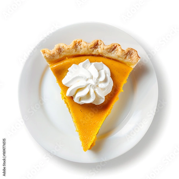 Fototapeta Slice of pumpkin pie topped with whipped cream on a white plate