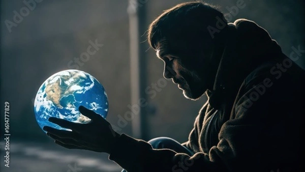 Fototapeta Man holding earth globe in hands concept of global issues environmental problems climate change awareness