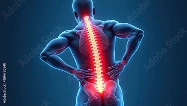 Fototapeta Conceptual image representing pain or discomfort in specific areas of the human body. The affected region is either highlighted visually or shown being touched by a person to indicate soreness, tensio