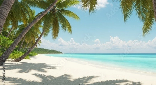 Fototapeta Idyllic tropical beach scene with palm trees and turquoise water
