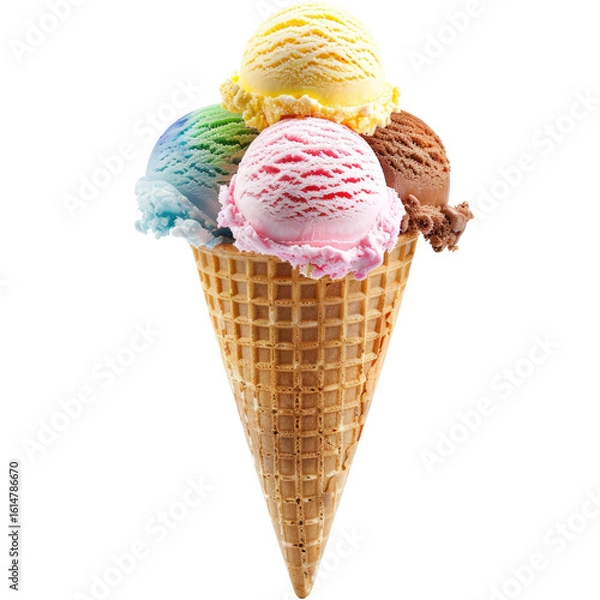 Fototapeta Colorful ice cream scoops in a waffle cone