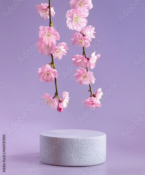 Fototapeta pink podium display. Sakura pink flower falling. Cosmetic or beauty product promotion step floral, pastel pedestal. Abstract minimal advertise.