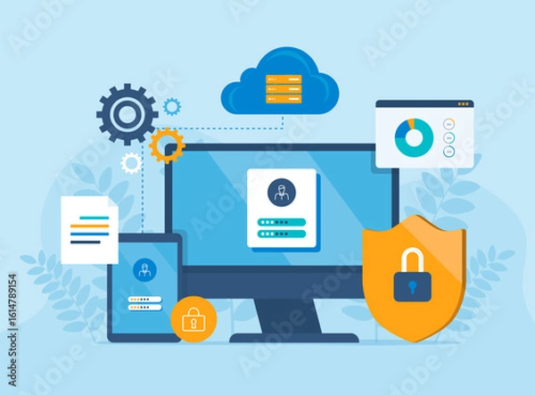 Obraz business technology cloud storage backup. business cloud computing and datacenter security concept. with administrator and developer team. flat vector illustration design.