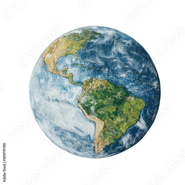 Fototapeta A realistic photograph of the Earth with clear borders and without clouds, centered on a white background.