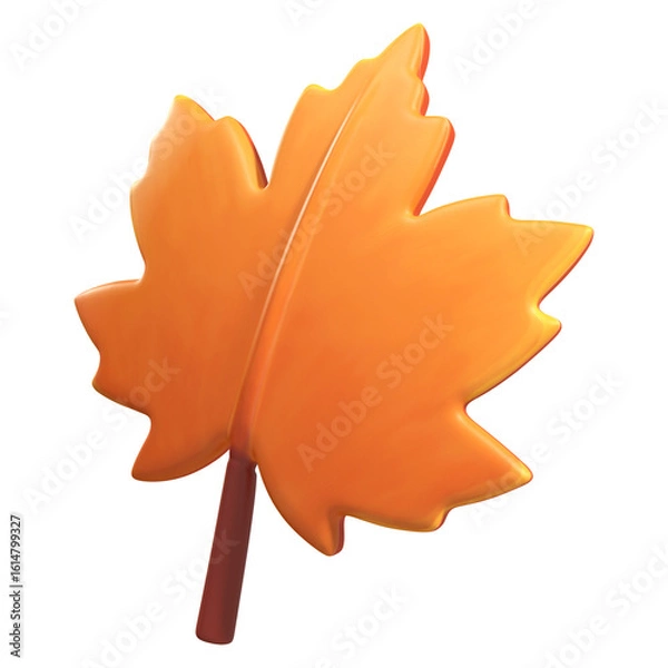 Obraz A 3D maple leaf features a classic five-lobed shape in a vivid orange hue, with a prominent central vein extending into a short red stem.