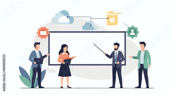 Obraz Cloud Data Presentation: A professional team uses presentation screen, showcasing the cloud data transfer and connected business.