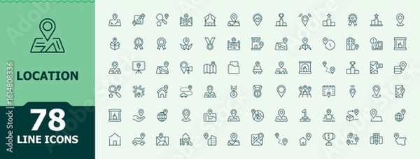 Fototapeta Location line icon set. Minimalist editable vector stroke. Related to place, destination, pointer, map, pin, navigator. Pixel perfect. Editable stroke. Position icon set.