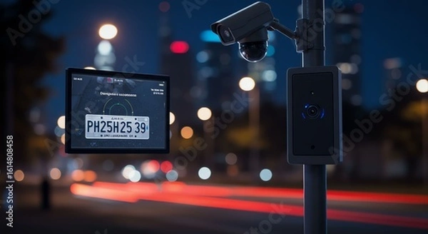 Fototapeta Modern Traffic Monitoring Camera System with License Plate Recognition Technology at Night