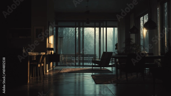 Fototapeta 暗めの照明が演出するシックで洗練されたミニマルインテリア、生活感を抑えた家具配置による静謐で美しい家の内部空間を撮影した高品質写真素材